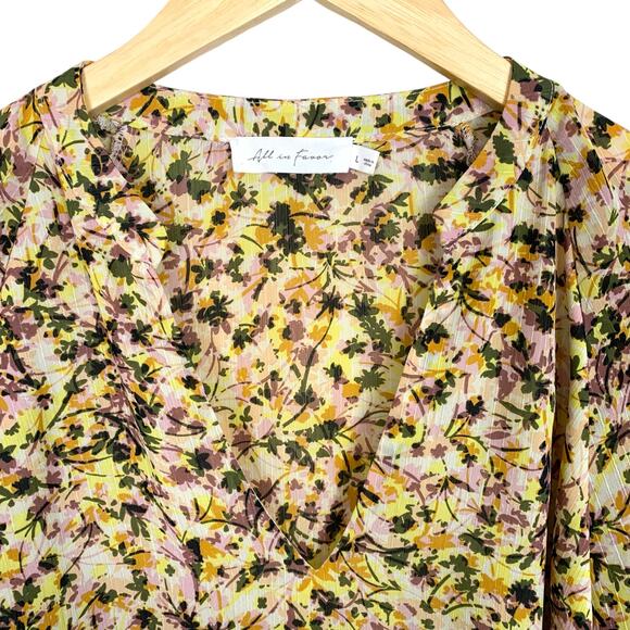 ALL IN FAVOR Women's L Yellow Purple Floral Pintuck Ruffle Cuff Blouse - Picture 4 of 8